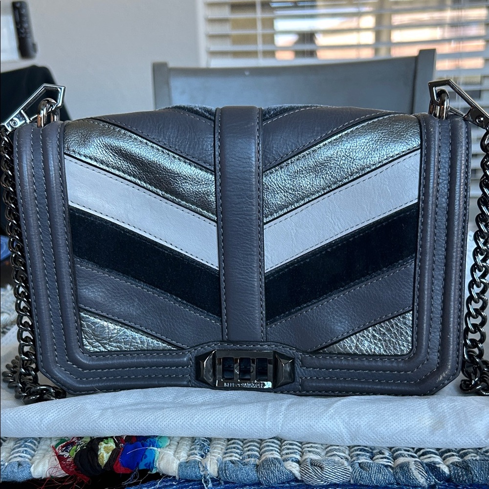 Rebecca Minkoff Metallic and Black Love Chevron Crossbody Bag